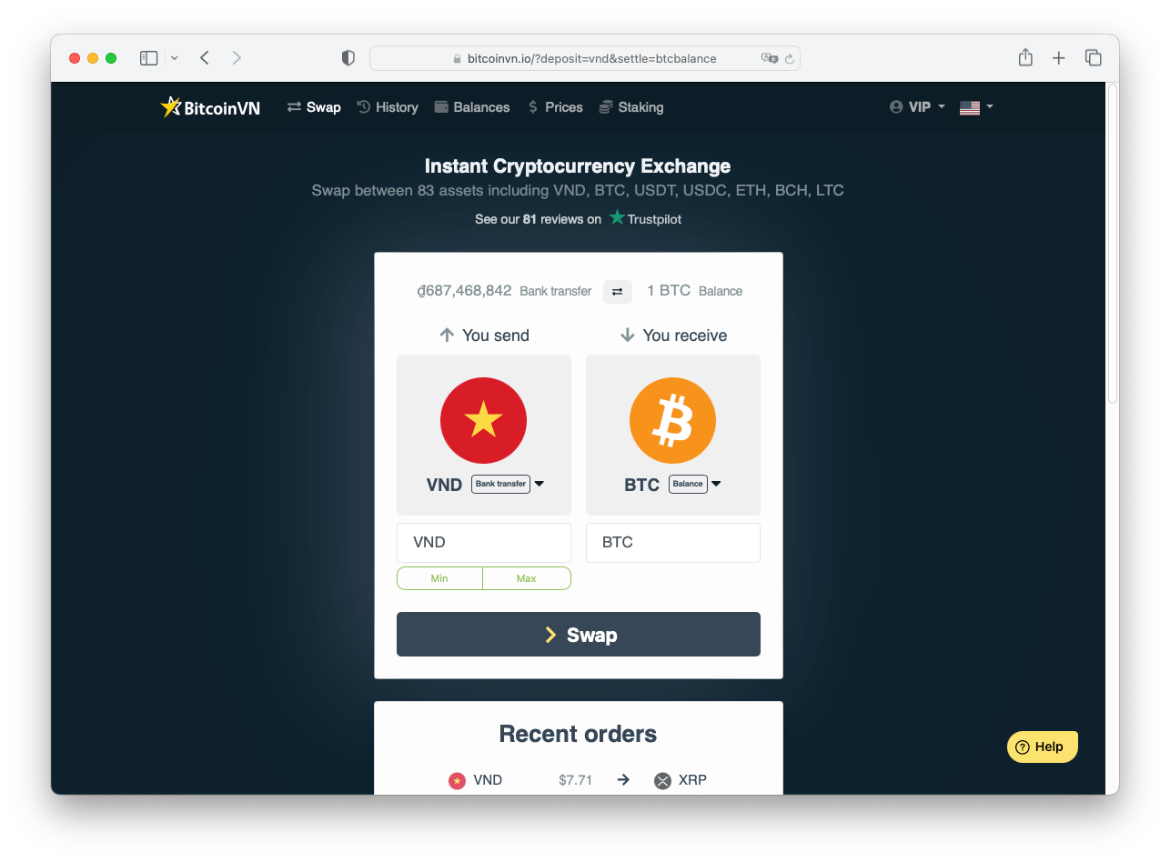 BitcoinVN - Instant Bitcoin and Cryptocurrency Exchange BitcoinVN Screenshot